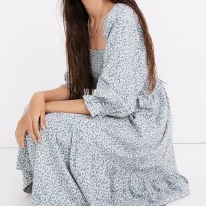 Madewell Lucie Elbow-Sleeve Smocked Midi Dress in Sunflower Field